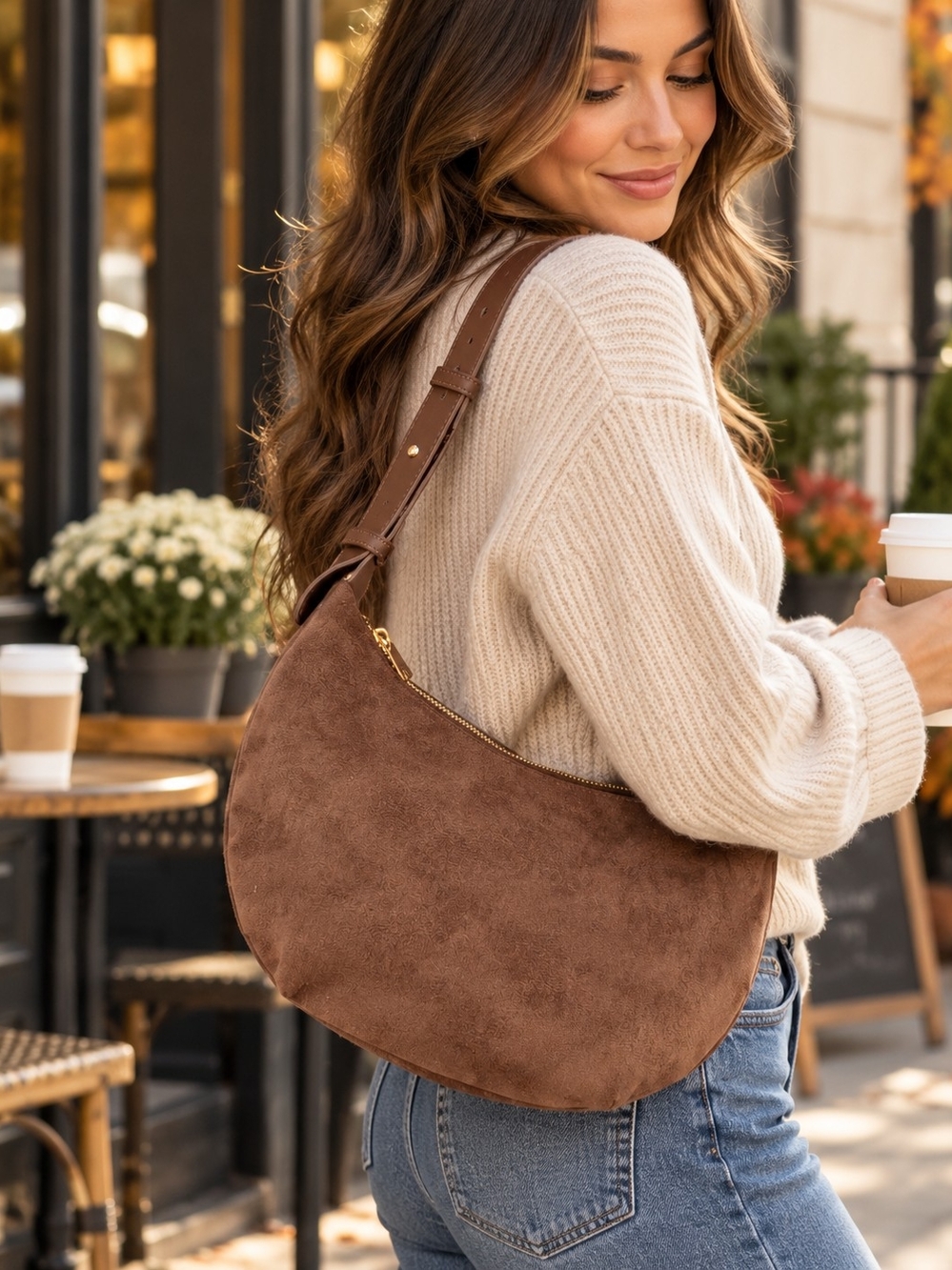 Urban Expressions Chocolate Faux Suede Hobo Shoulder Bag Brown NWT